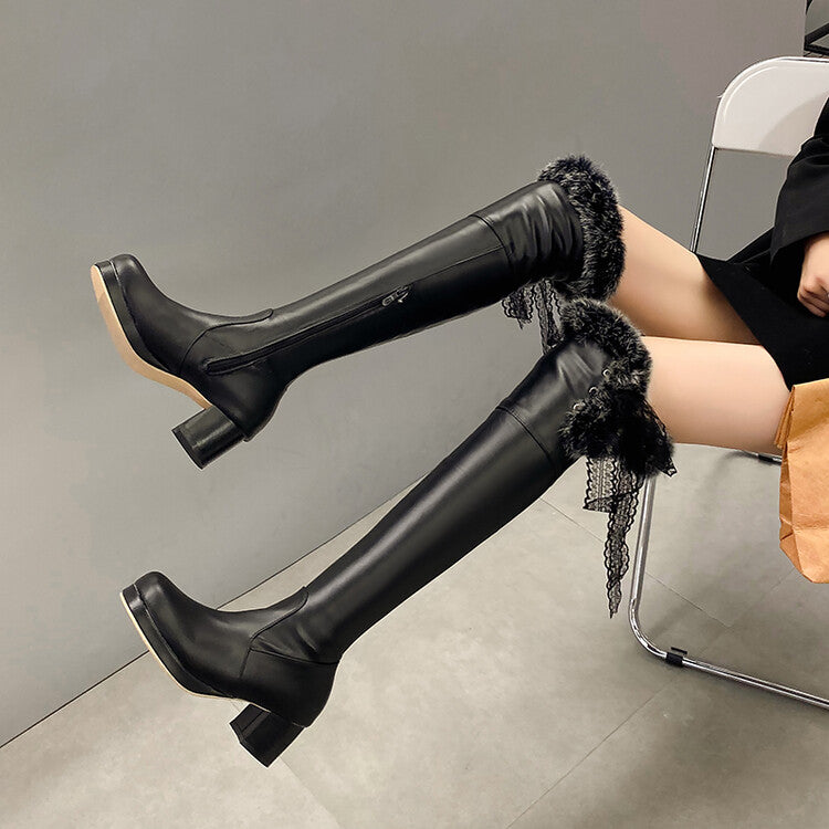 Lace Fur Block Heel Platform Over-The-Knee Boots for Women