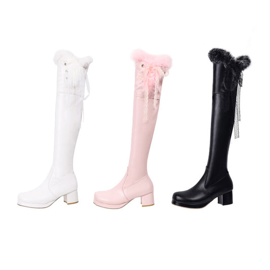 Lace Fur Block Heel Platform Over-The-Knee Boots for Women
