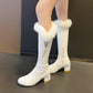 Round Toe Side Zippers Fur Block Chunky Heel Knee-High Boots for Women