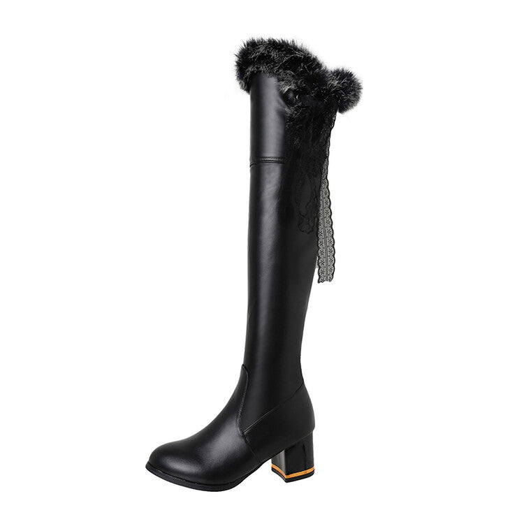 Lace Furry Block Heel Over-The-Knee Boots for Women
