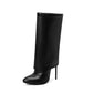 Pu Leather Pointed Toe Side Zippers Fold Stiletto Heel Mid-Calf Boots for Women