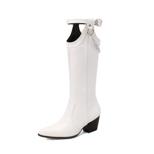 Pointed Toe Buckle Straps Side Zippers Metal Chains Puppy Heel Mid-Calf Boots for Women