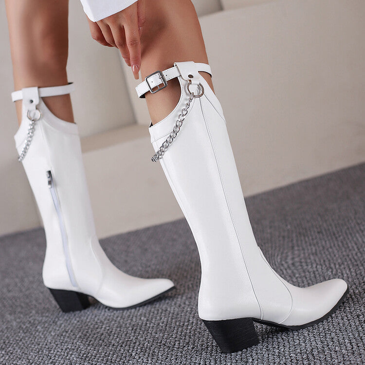 Pointed Toe Buckle Straps Side Zippers Metal Chains Puppy Heel Mid-Calf Boots for Women