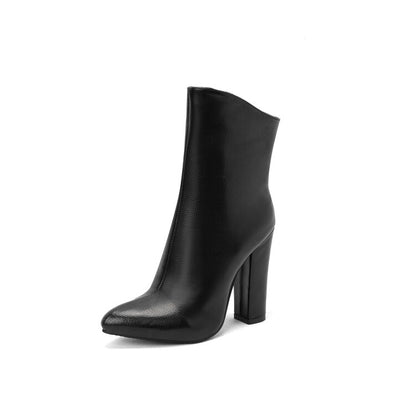 Sparkling Patent Side Zippers Pointed Toe Block Chunky Heel Mid-Calf Boots for Women