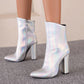 Sparkling Patent Side Zippers Pointed Toe Block Chunky Heel Mid-Calf Boots for Women
