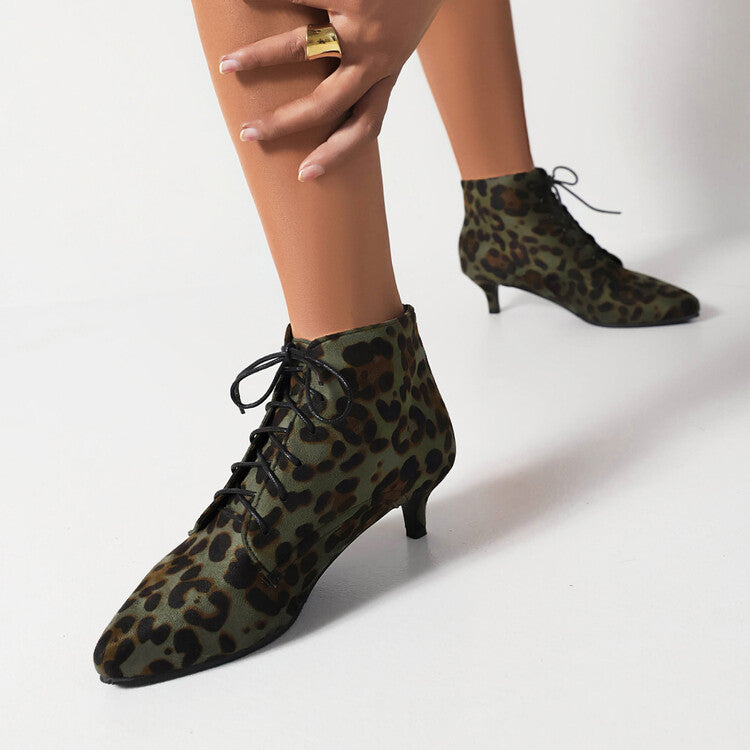 Booties Leopard Print Flock Lace Up Kitten Heel Ankle Boots for Women