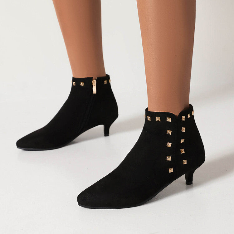 Booties Flock Pointed Toe Rivets Side Zippers Kitten Heel Ankle Boots for Women
