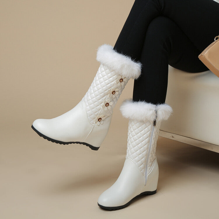 Round Toe Lattice Fur Wedge Heel Inside Heighten Mid Calf Boots for Women