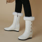 Round Toe Lattice Fur Wedge Heel Inside Heighten Mid Calf Boots for Women