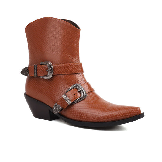Pointed Toe Beveled Heel Buckle Straps Mid Calf Western Boots for Women