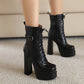 Square Toe Lace-Up Buckle Straps Side Zippers Block Chunky Heel Platform Short Boots for Women