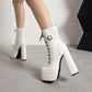 Square Toe Lace-Up Buckle Straps Side Zippers Block Chunky Heel Platform Short Boots for Women