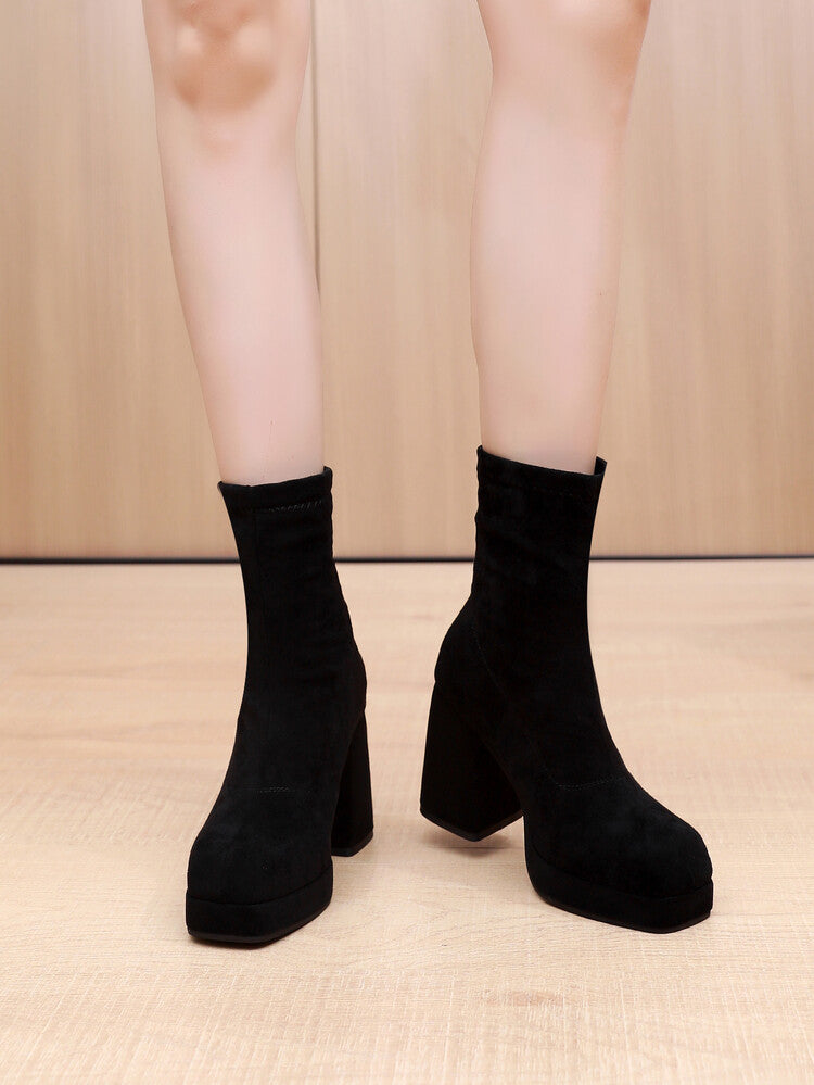 Square Toe Velvet Block Chunky Heel Platform Short Boots for Women