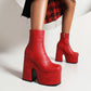 Embossed Square Toe Side Zippers Block Chunky Heel Platform Short Boots for Women