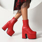 Embossed Square Toe Side Zippers Block Chunky Heel Platform Short Boots for Women