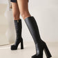 Zippers Square Toe Chunky Heel Platform Knee High Boots for Women