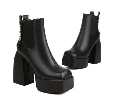 Square Toe Rivets Block Chunky Heel Platform Ankle Boots for Women