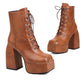 Square Toe Lace-Up Side Zippers Block Chunky Heel Platform Ankle Boots for Women