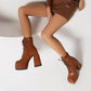 Square Toe Lace-Up Side Zippers Block Chunky Heel Platform Ankle Boots for Women