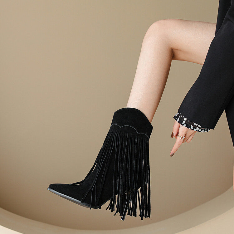 Pointed Toe Tassel Stiletto Heel Mid-Calf Boots for Women