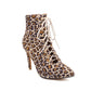 Cow Leopard Print Pointed Toe Lace-Up Stiletto Heel Ankle Boots for Women