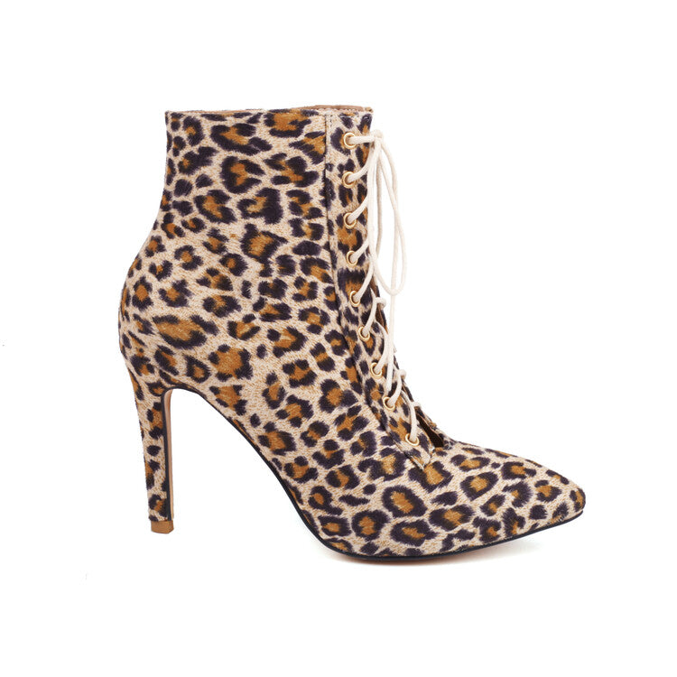 Cow Leopard Print Pointed Toe Lace-Up Stiletto Heel Ankle Boots for Women