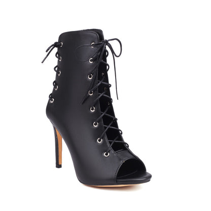 Peep Toe Lace-Up Round Toe Stiletto Heel Ankle Boots for Women