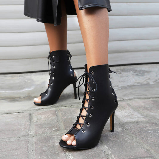 Peep Toe Lace-Up Round Toe Stiletto Heel Ankle Boots for Women