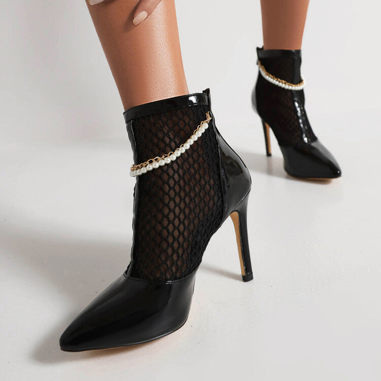 Glossy Pointed Toe Mesh Pearls Chains Stiletto Heel Ankle Boots for Women