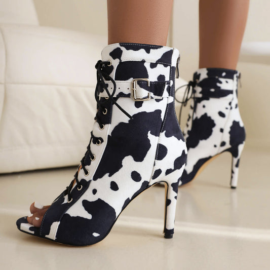 Cow Leopard Print Peep Toe Lace-Up Stiletto Heel Ankle Boots for Women