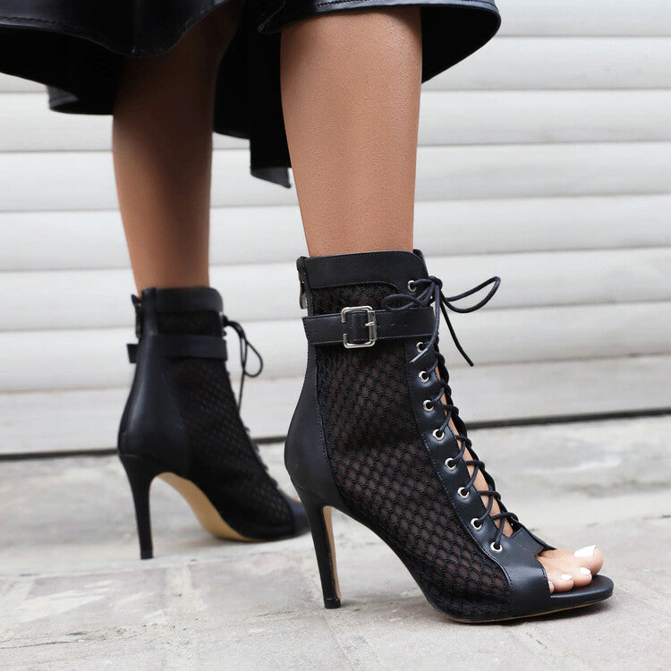 Peep Toe Mesh Lace-Up Buckle Straps Stiletto Heel Ankle Boots for Women