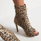 Cow Leopard Print Peep Toe Lace-Up Stiletto Heel Ankle Boots for Women