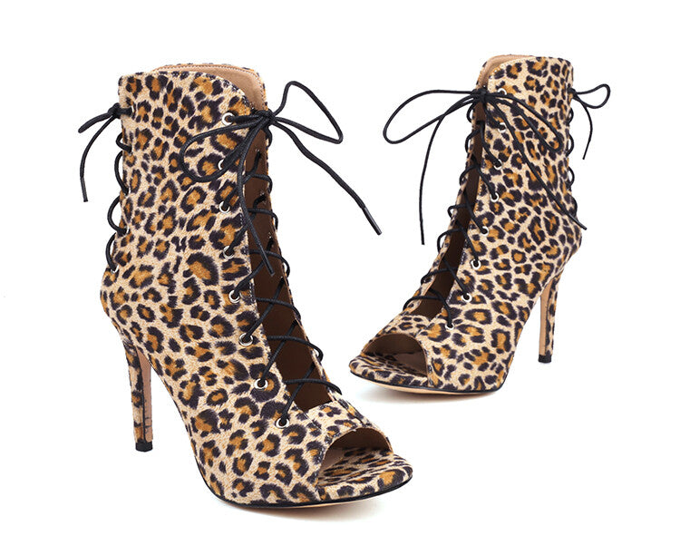 Cow-printed Peep Toe Lace-Up Stiletto Heel Ankle Boots for Women