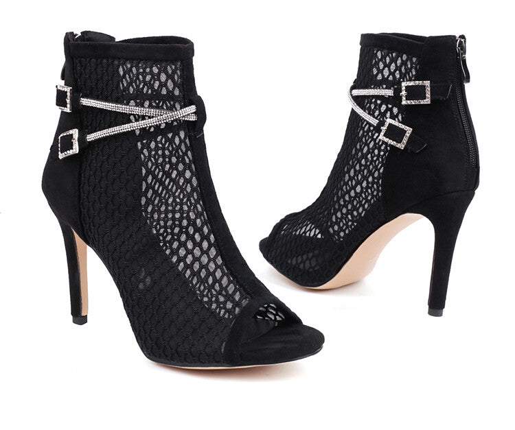 Peep Toe Mesh Rhinestone Chains Stiletto Heel Ankle Boots for Women
