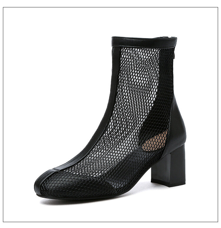Ankle Boots Pointed Toe Mesh Block Chunky Heel Booties for Women