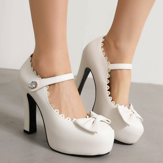 Bow Tie Ankle Strap Chunky Heel Mary Jane Platform Pumps for Women
