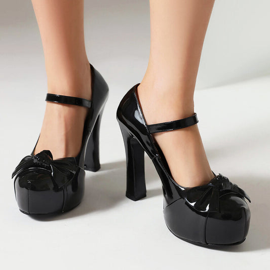 Bow Tie Shallow Chunky Heel Mary Jane Platform Pumps for Women