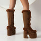 Furry Chunky Heel Mid Calf Platform Boots for Women