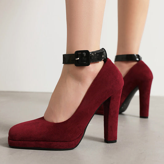 Shallow Buckles Ankle Strap Chunky Heel Pumps for Women