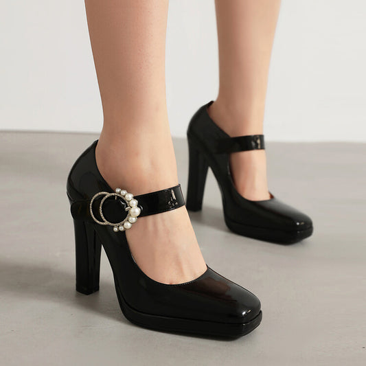 Square Toe Pearls Chunky Heel Mary Jane Platform Pumps for Women