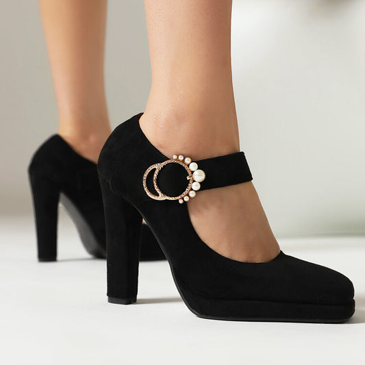 Square Toe Pearls Chunky Heel Mary Jane Platform Pumps for Women