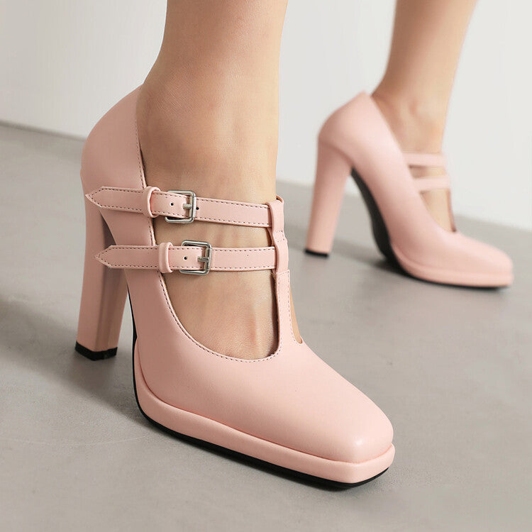 Square Toe T Strap Buckle Straps Chunky Heel Mary Jane Platform Pumps for Women