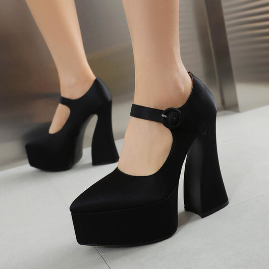 Stain Pointed Toe Straps Buckles Spool Heel Mary Jane Platform Pumps for Women