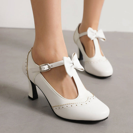 Round Toe Carved T Strap Bow Tie Spool Heel Mary Jane Pumps for Women