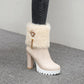 Round Toe Fold Fur Rhinestone Flowers Block Chunky Heel Platform Short Boots for Women
