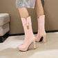 Love Hearts Buckles Tassel Block Chunky Heel Platform Mid-Calf Boots for Women