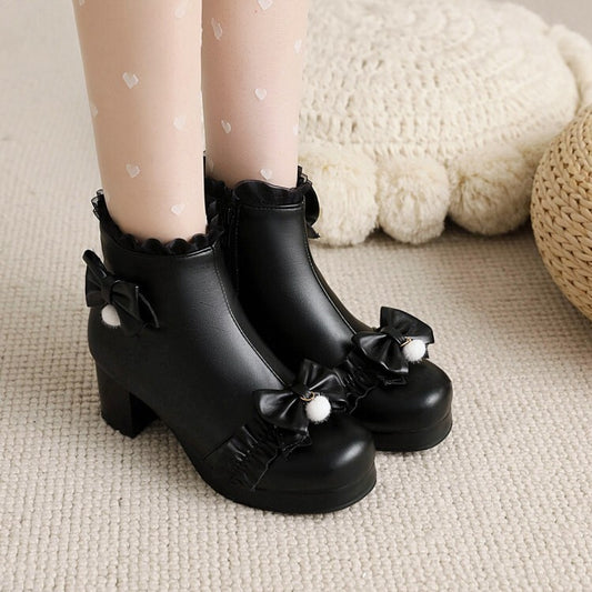 Booties Lolita Lace Bows Block Chunky Heel Platform Short Boots for Women