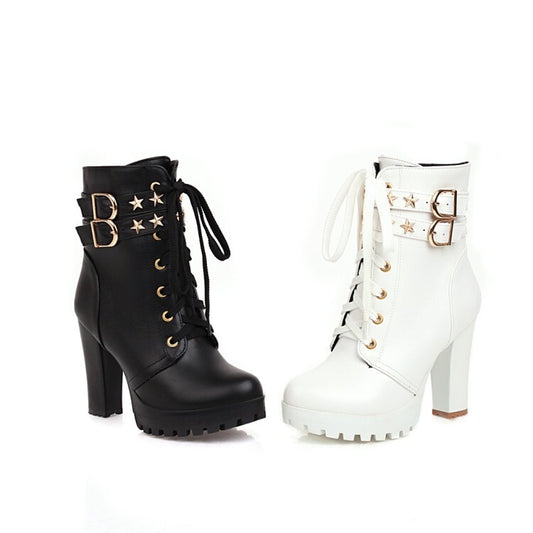 Booties Stars Buckles Lace-Up Block Chunky Heel Platform Short Boots for Women