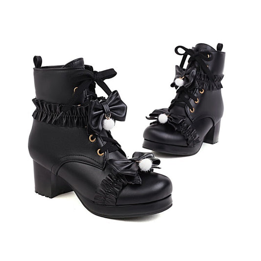 Booties Lolita Lace-Up Bows Block Chunky Heel Platform Short Boots for Women