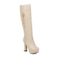 Round Toe Pearls Flowers Spool Heel Platform Knee High Boots for Women